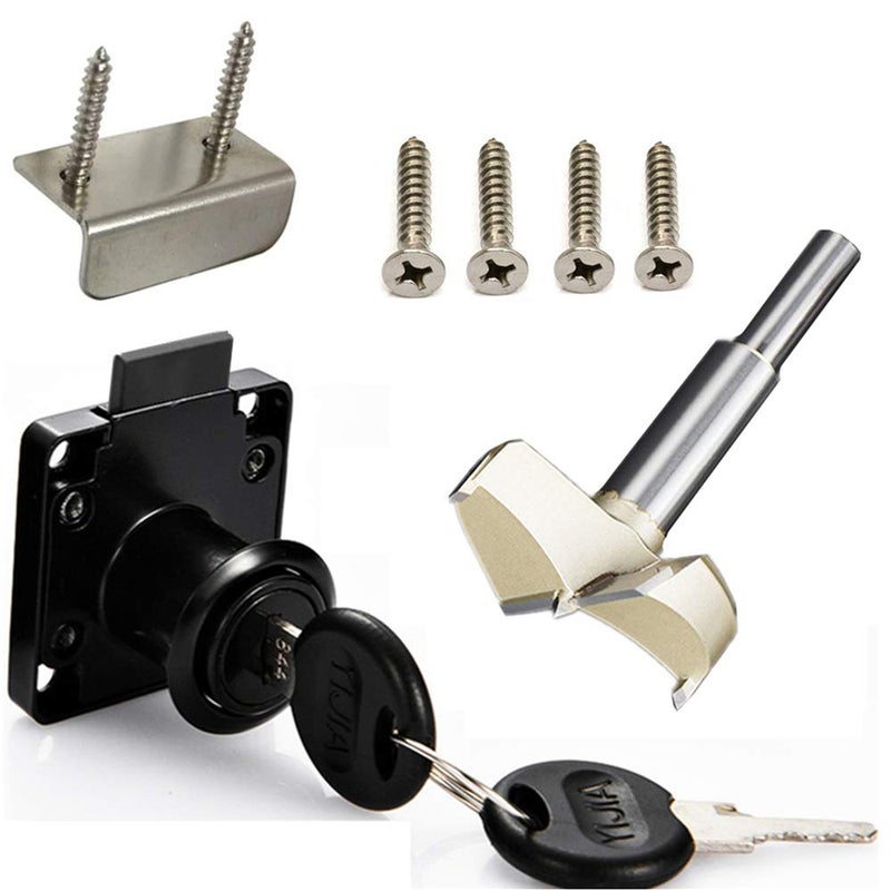 Baoxr Boolian Drawer Lock + Door Puncher Set Desk Letter Door Lock Model CT-138-22 (Opening Diameter 0.75 inch / 19MM) Suitable for Door Panel Thickness of 17 mm-22 mm. 1 Set [Black] - Image 1